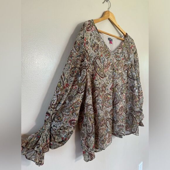 SALE! Tan Vince Camuto Paisley Patterned L/S Blouse Size 3X EUC - Picture 3 of 7